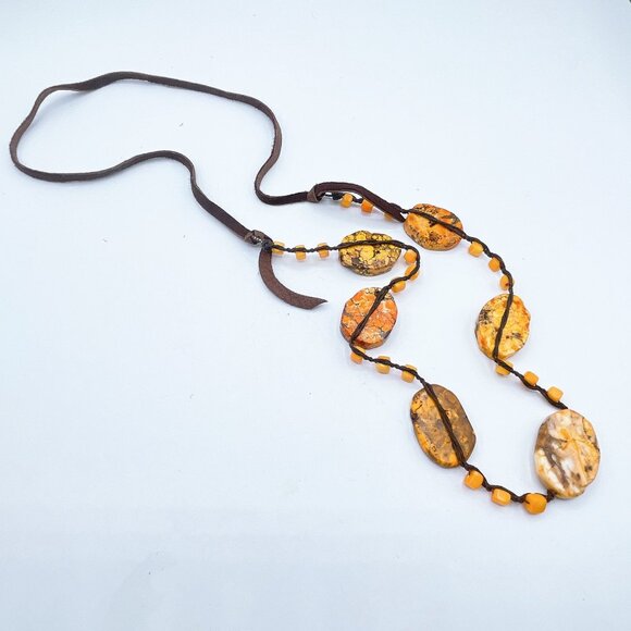 Adjustable Brown Suede Necklace With Precious Stones & Beads Orange Brown - Picture 7 of 7